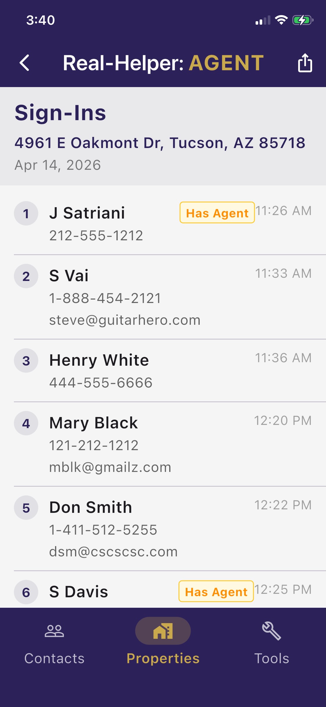 List of sign-ins for an open house
